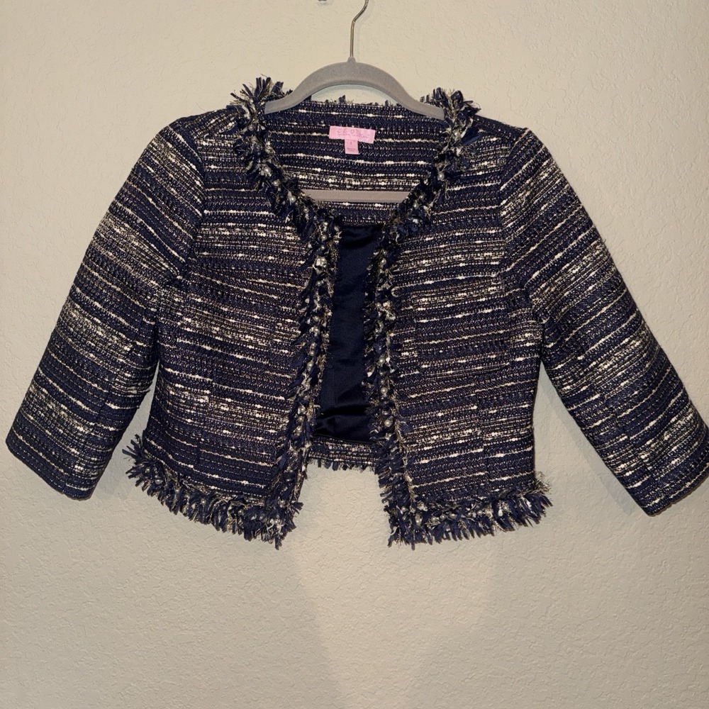 Lilly Pulitzer Womens Navy Blue Gold Metallic Tweed Pearl Fringe Jacket Size 0